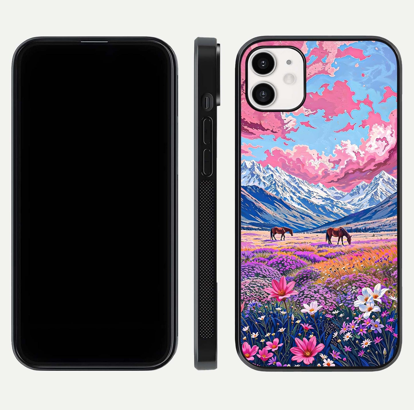 Blossom Valley Dream Glass Case for iphone-12 front-and-back layout highlighting glossy reflection and edge cut