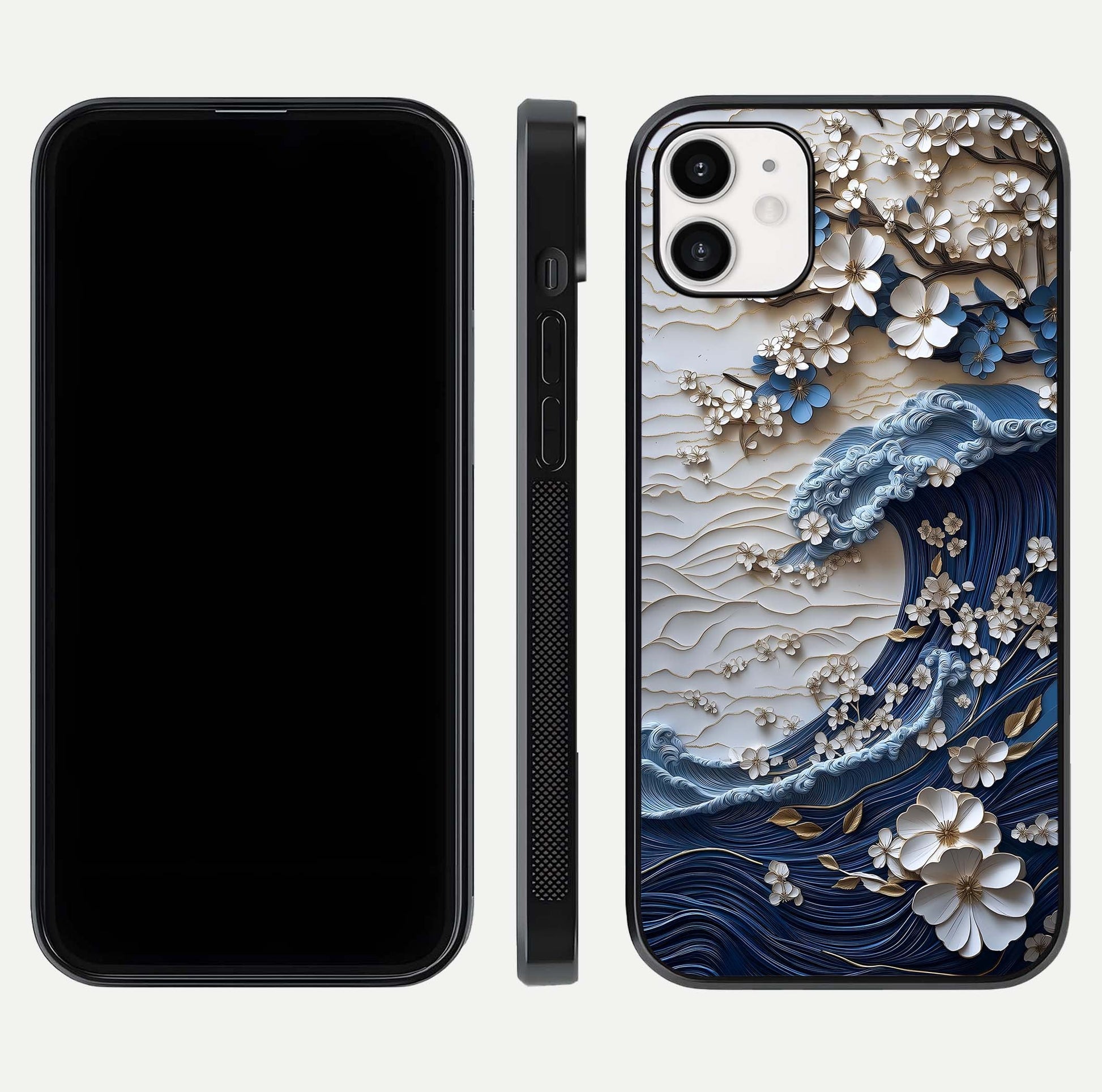 Blossom Wave Art Glass Case for iphone-12 front-and-back layout showing curved design and glass clarity