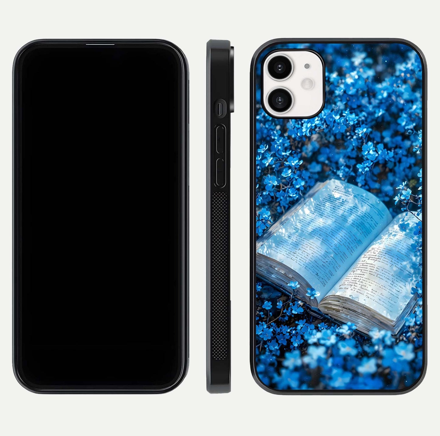Blue Bloom Tales Glass Case for iphone-12 dual-view layout highlighting shine, floral print, and smooth edges