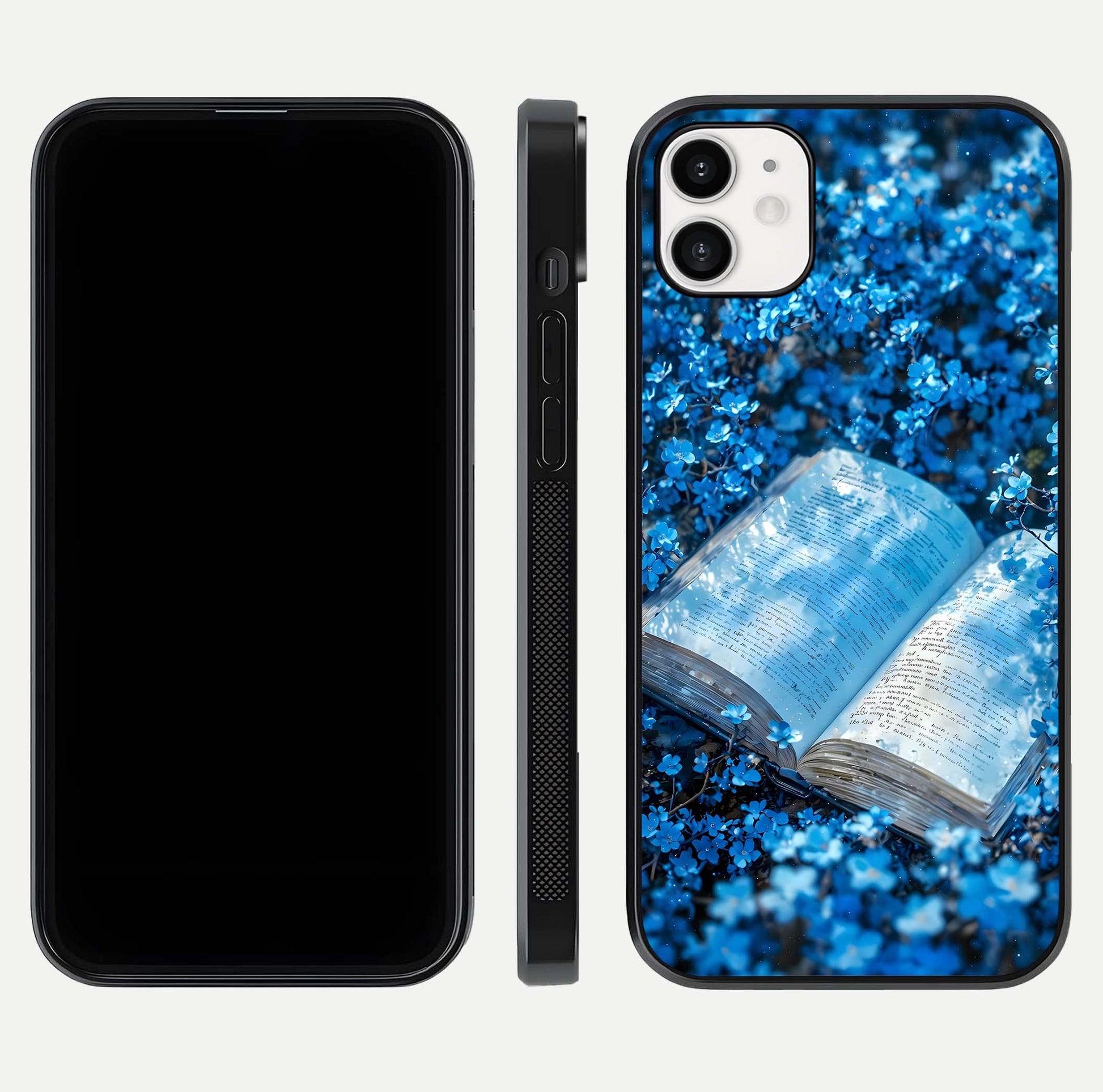 Blue Bloom Tales Glass Case for iphone-12 dual-view layout highlighting shine, floral print, and smooth edges