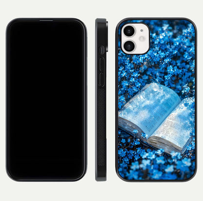Blue Bloom Tales Glass Case for iphone-12 dual-view layout highlighting shine, floral print, and smooth edges