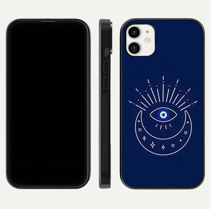 Blue Evil Eye Glass Case for iphone-12 front-and-back layout showing blue aura design and curved-edge clarity