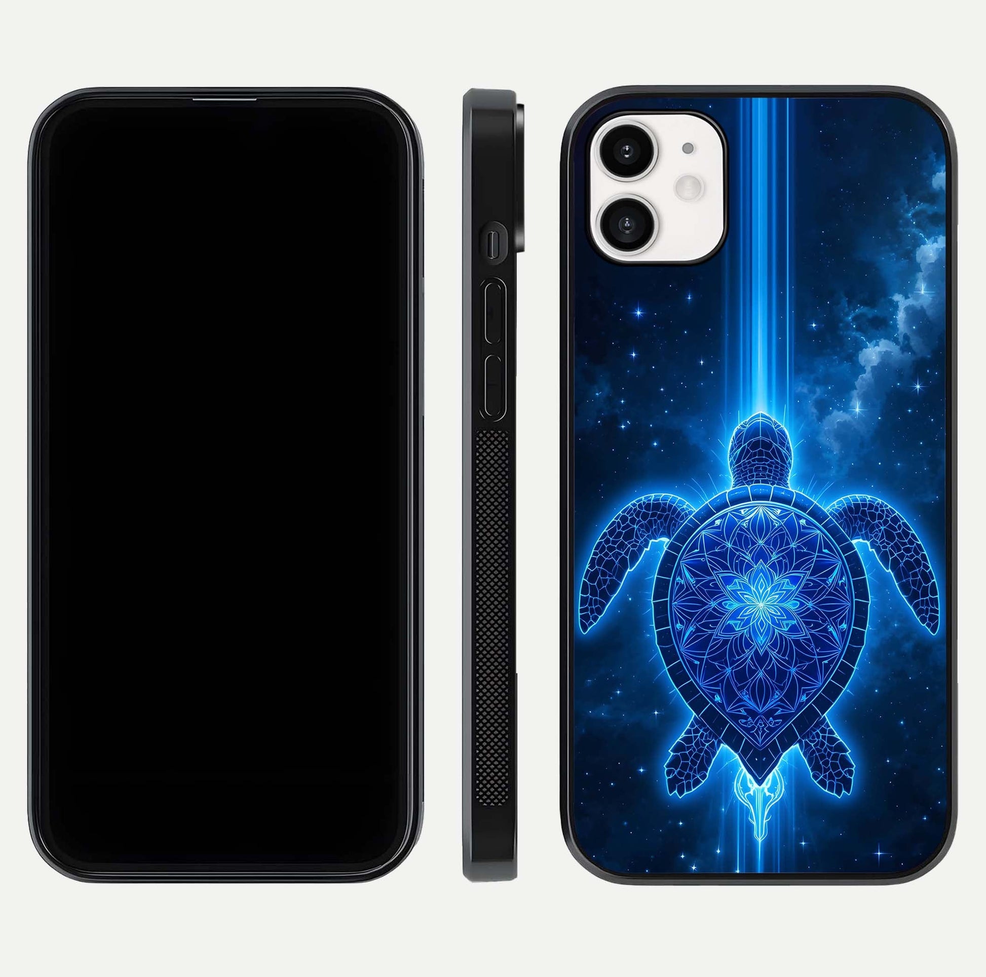 Blue Galaxy Turtle Glass Case for iphone-12 front-and-back layout highlighting cosmic art and reflective glass