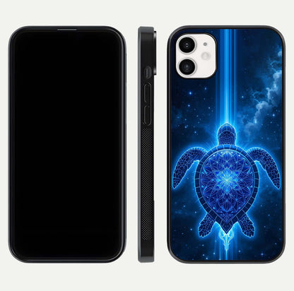 Blue Galaxy Turtle Glass Case for iphone-12 front-and-back layout highlighting cosmic art and reflective glass