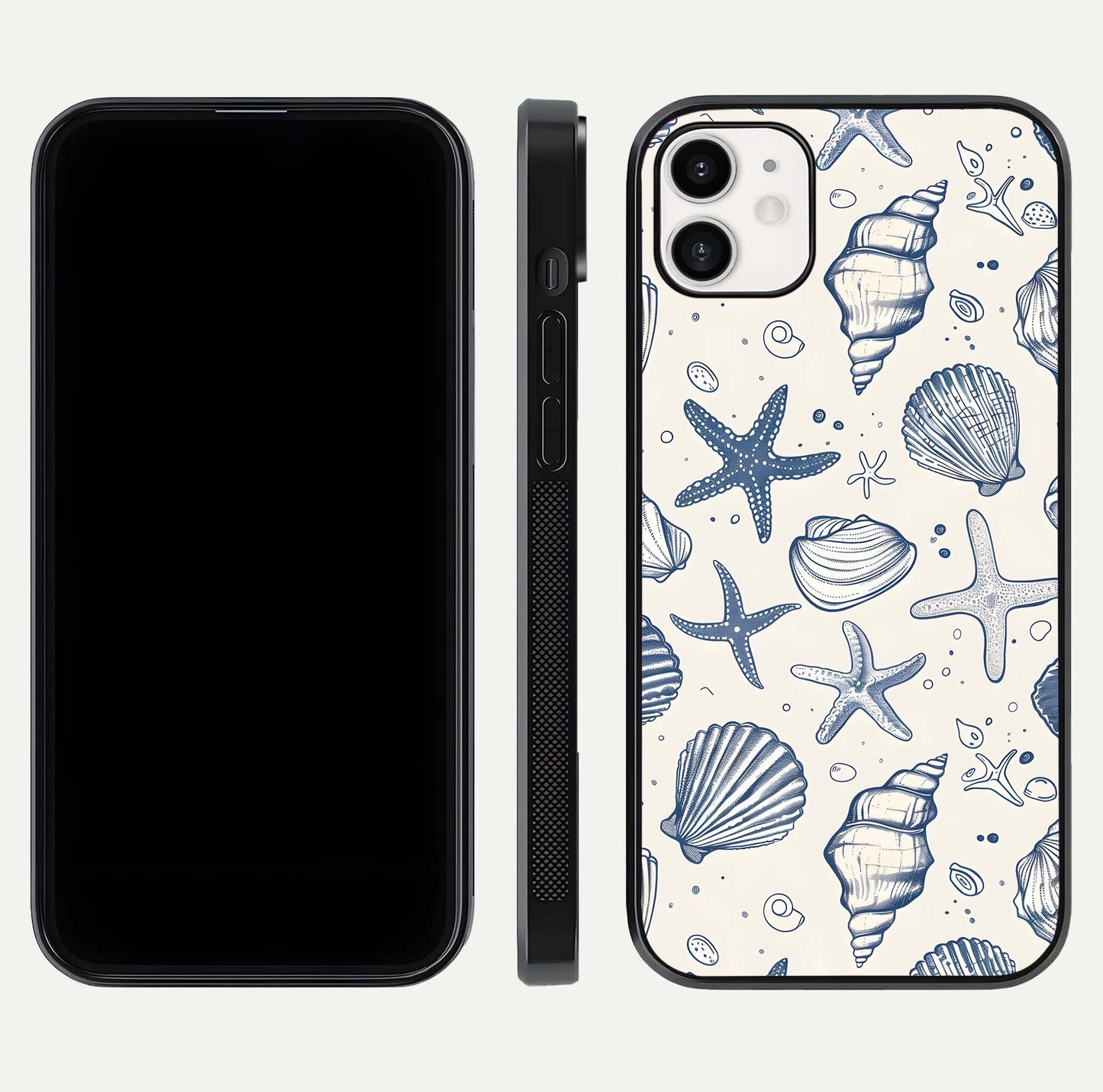 Blue Ocean Outline Glass Case for iphone-12 front-and-back layout showing minimal wave design and HD gloss