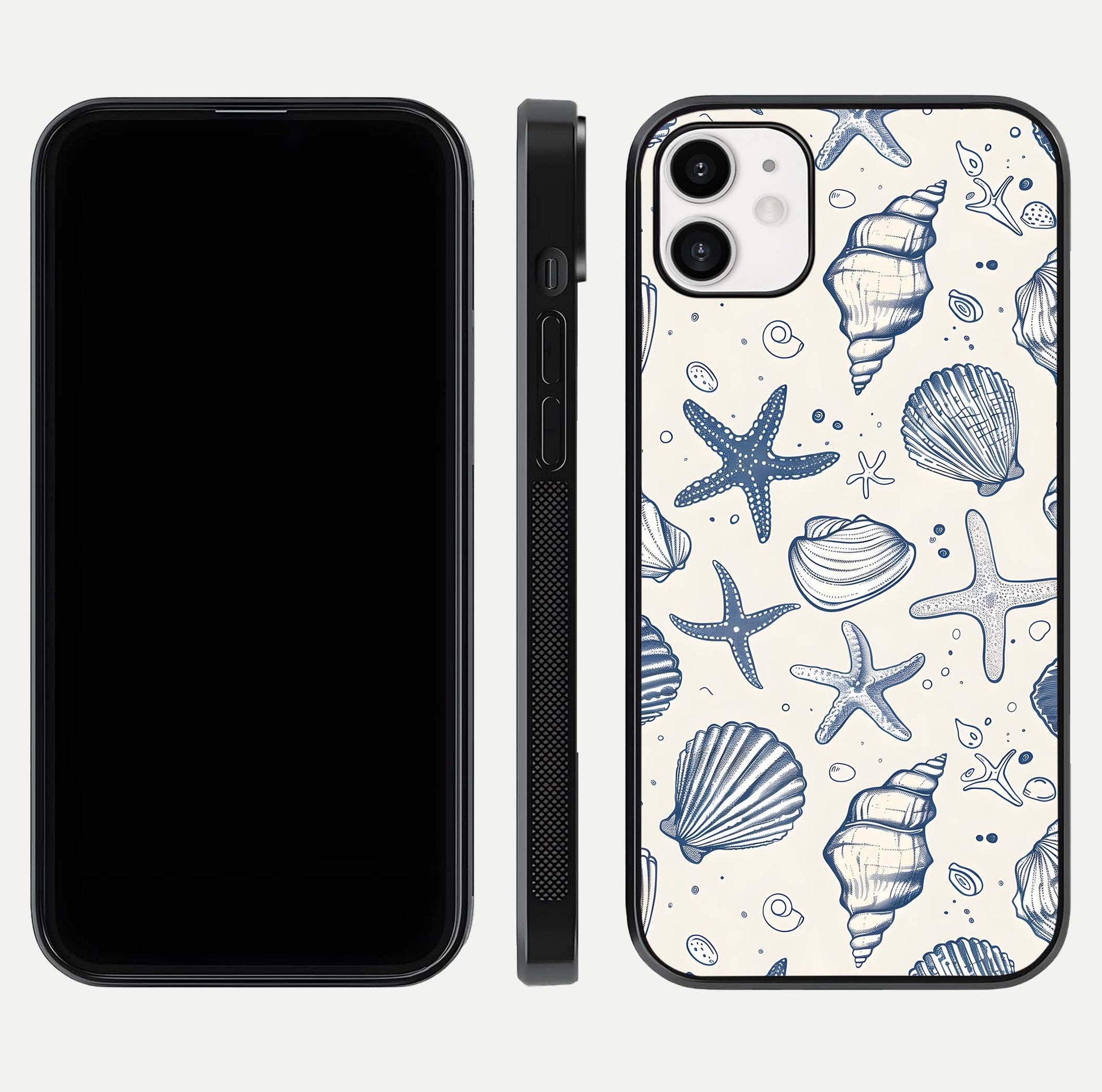 Blue Ocean Outline Glass Case for iphone-12 front-and-back layout showing minimal wave design and HD gloss