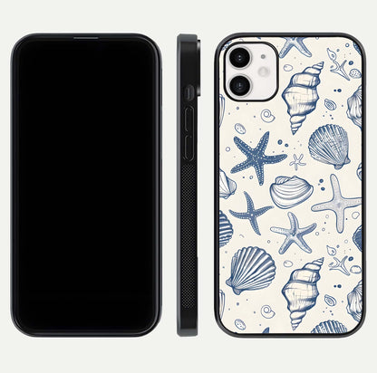 Blue Ocean Outline Glass Case for iphone-12 front-and-back layout showing minimal wave design and HD gloss