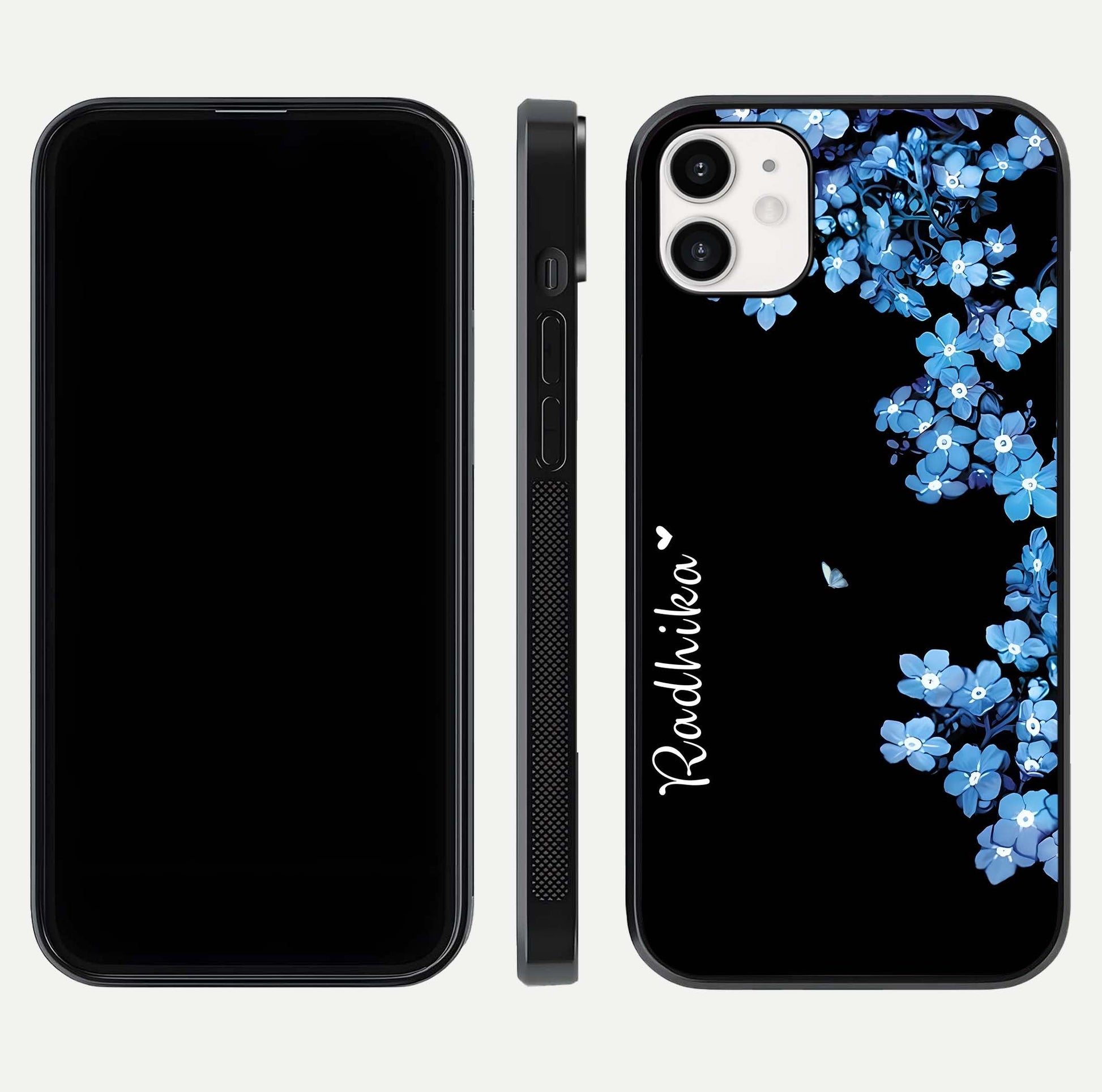 Blue Petal Dream Custom Name Glass Case for iphone-12 dual-view layout showing text placement and premium finish