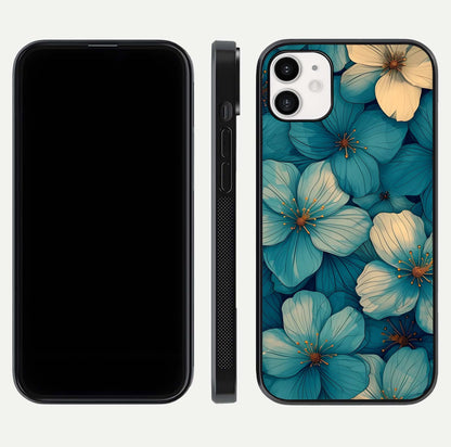Blue Shade Floral Glass Case for iphone-12 front-and-back layout displaying bloom contrast and edge polish