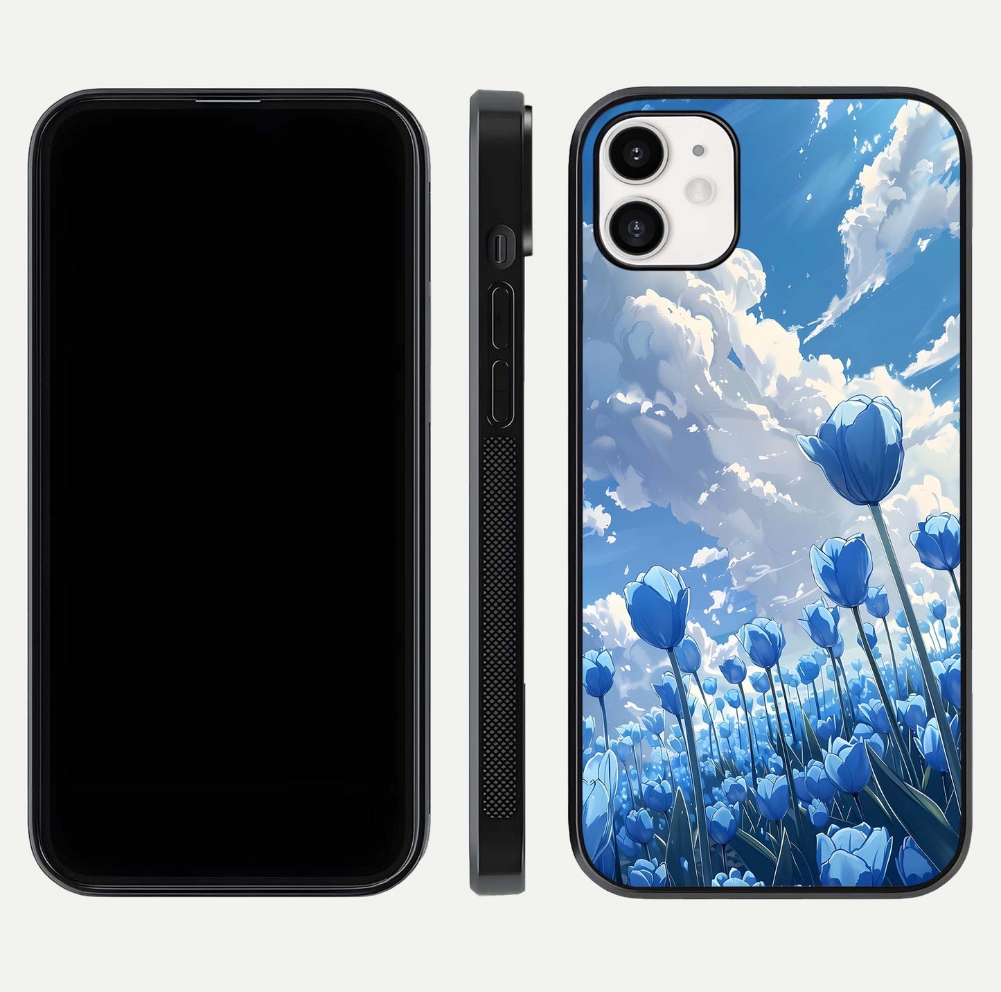 Blue Tulip Clouds Glass Case for iphone-12 front-and-back layout showcasing floral detail and polished edges