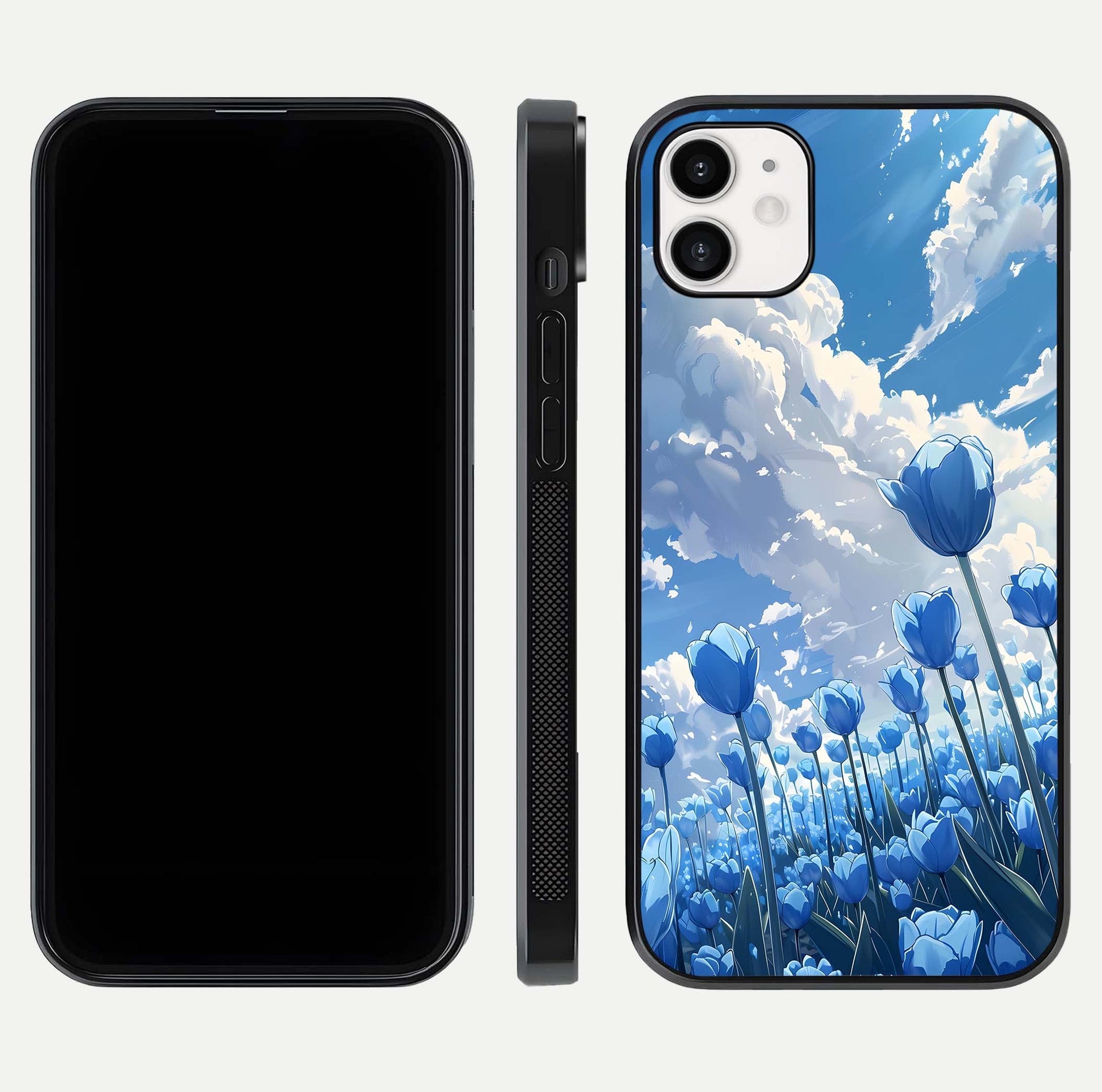 Blue Tulip Clouds Glass Case for iphone-12 front-and-back layout showcasing floral detail and polished edges