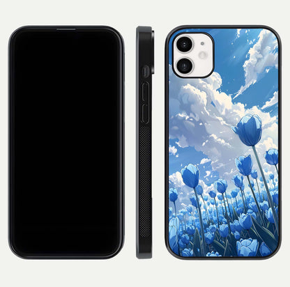 Blue Tulip Clouds Glass Case for iphone-12 front-and-back layout showcasing floral detail and polished edges