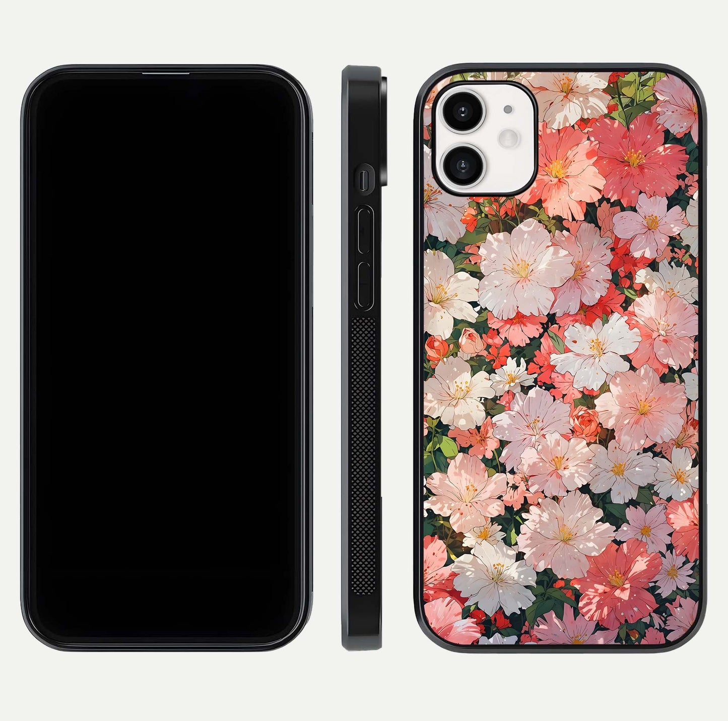 Blush Bloom Field Glass Case for iphone-12 dual-view layout showing bloom arrangement and protective frame