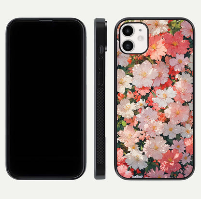 Blush Bloom Field Glass Case for iphone-12 dual-view layout showing bloom arrangement and protective frame