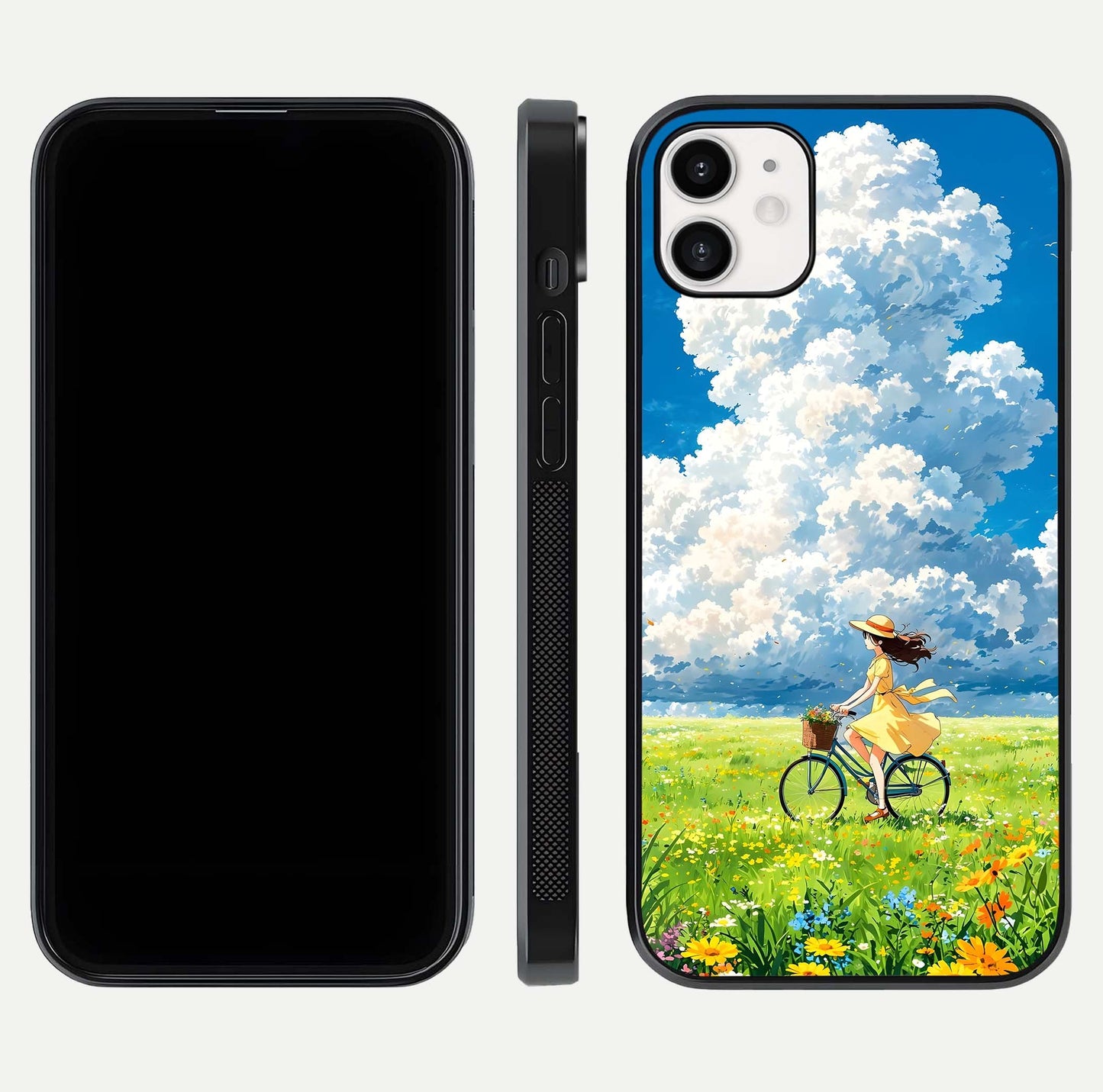 Breezy Meadow Ride Glass Case for iphone-12 dual-view layout showing soft landscape design and reflection gloss