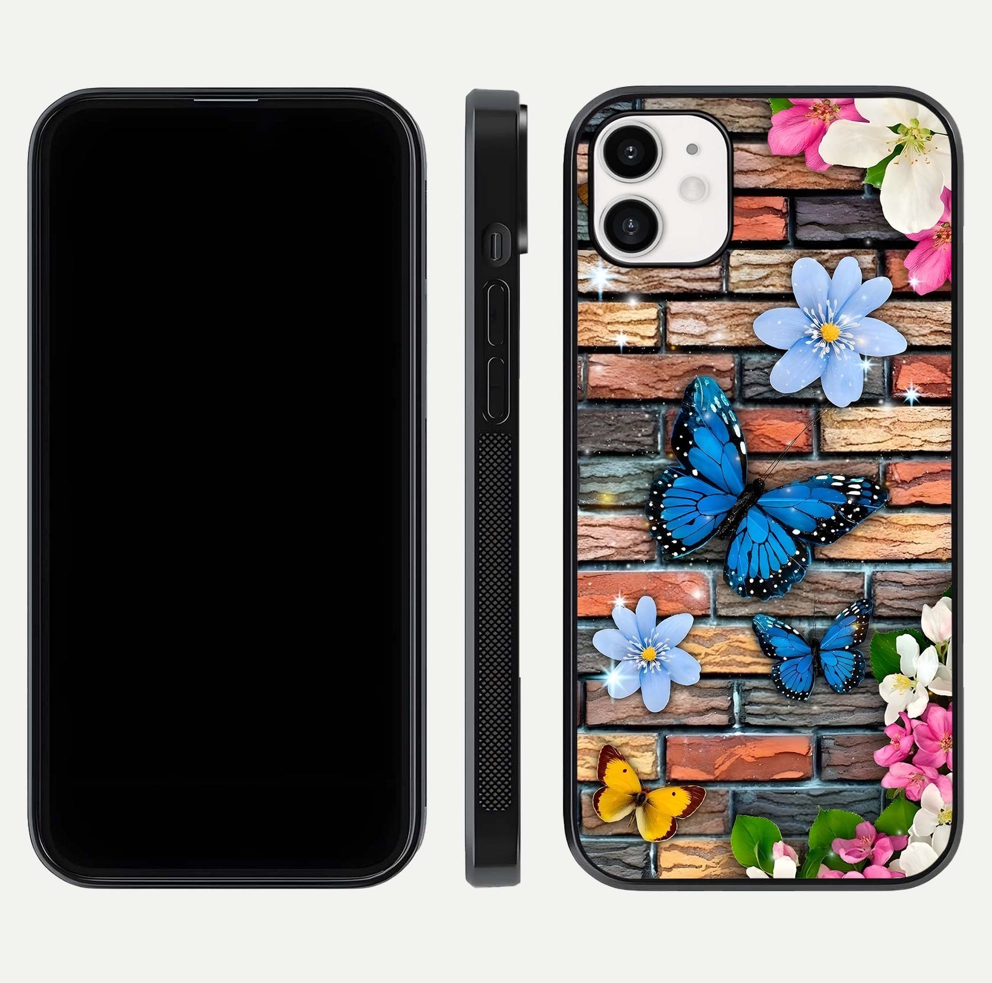 Brick Bloom Flight Glass Case for iphone-12 dual-view layout showing bloom placement and protective edge design