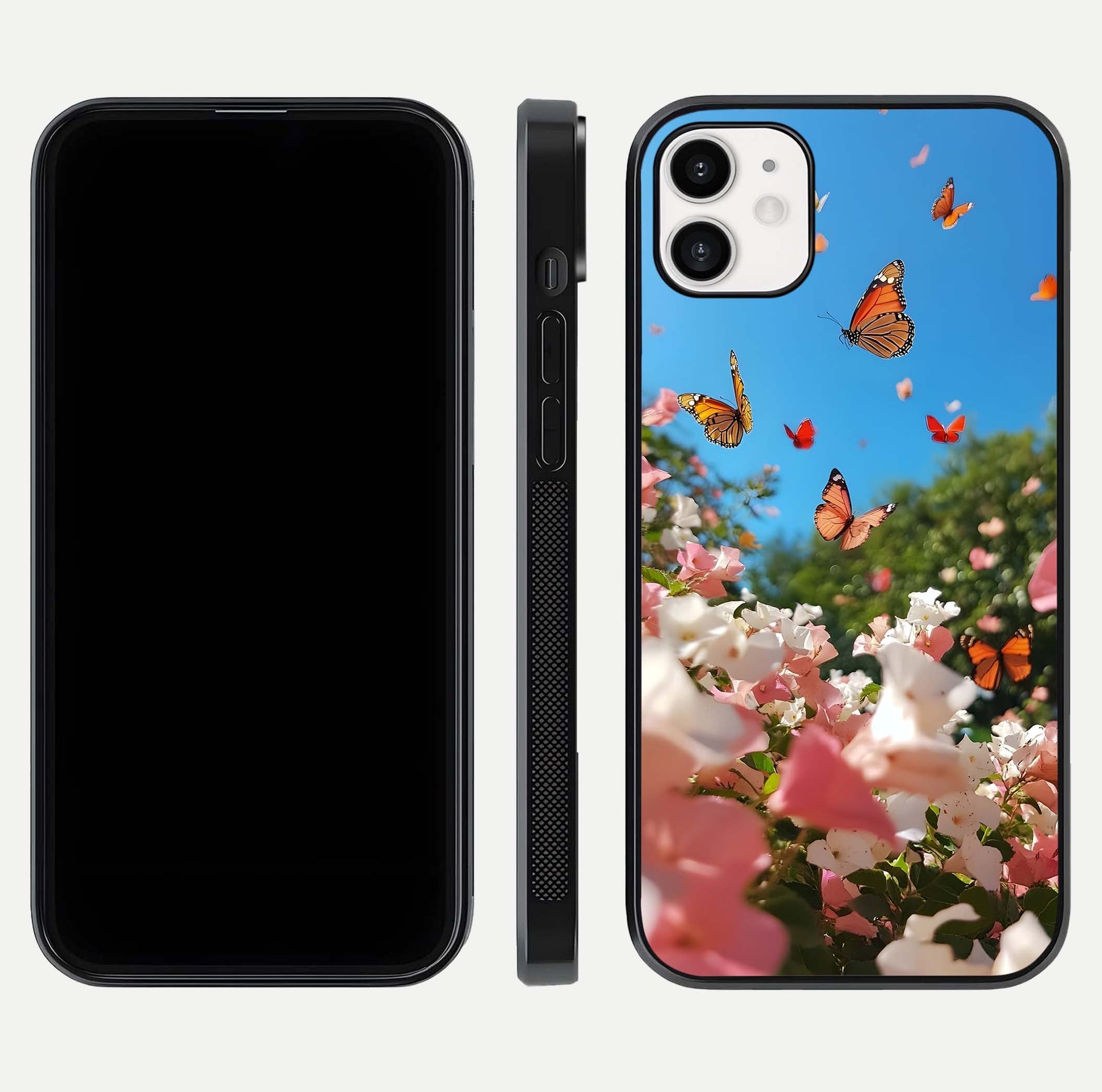 Butterflies in Bloom Sky Glass Case for iphone-12 dual-view layout displaying elegant composition and glass gloss