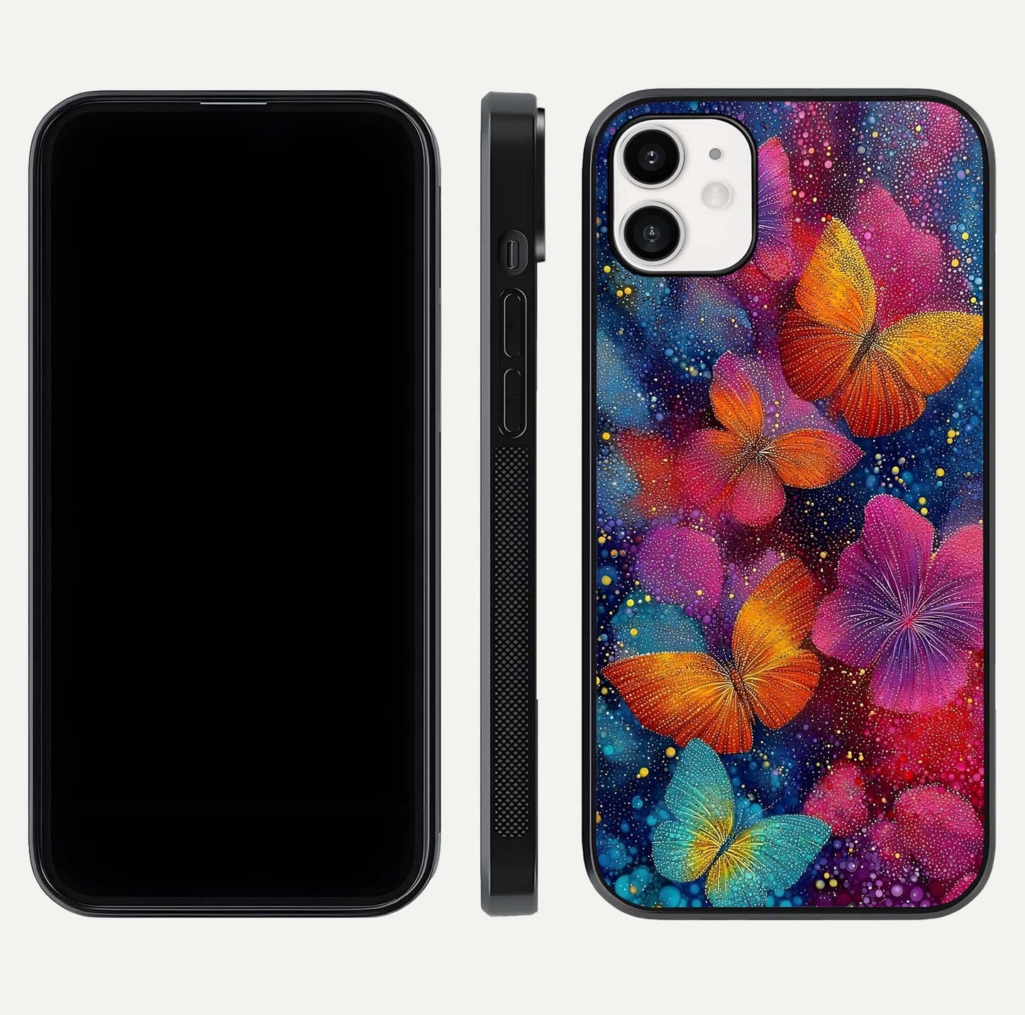 Butterfly Dream Mist Glass Case for iphone-12 dual-view layout showing mist background and edge polish