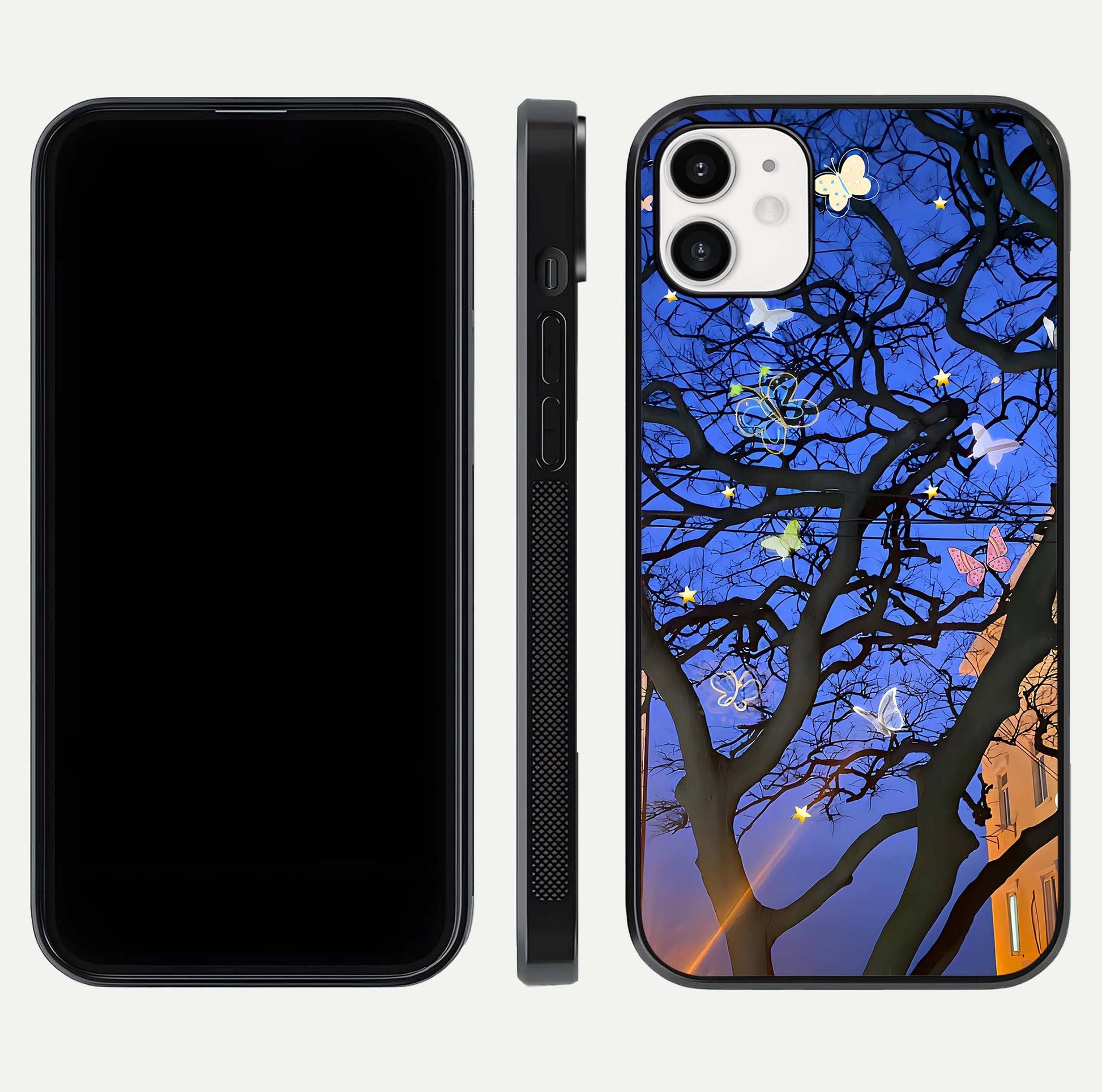 Butterfly Night Magic Glass Case for iphone-12 dual-view layout displaying balanced art and edge clarity