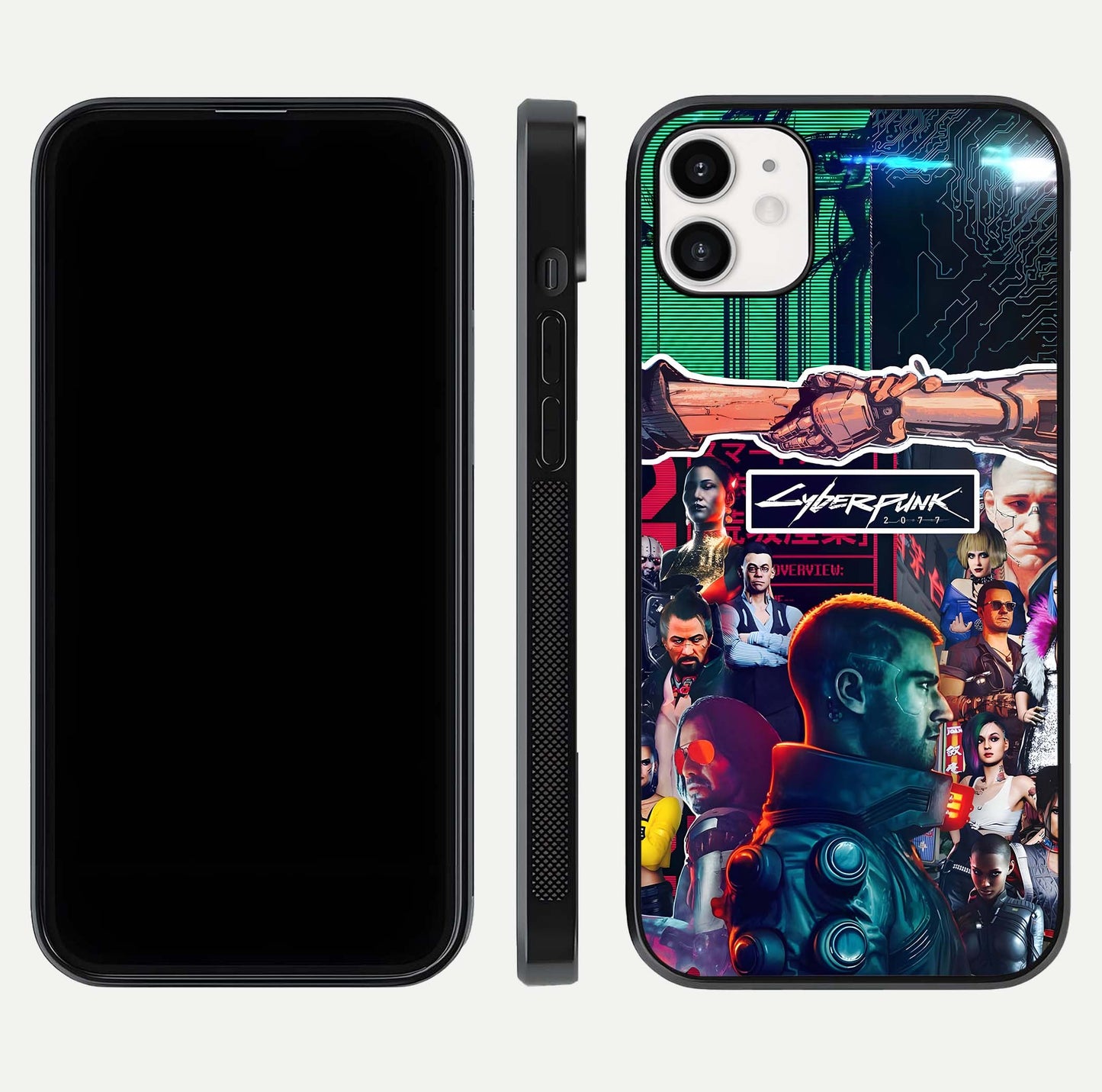 CYBERPUNK Legacy Glass Case for iphone-12 dual-view layout showing cyberpunk hues and glass precision