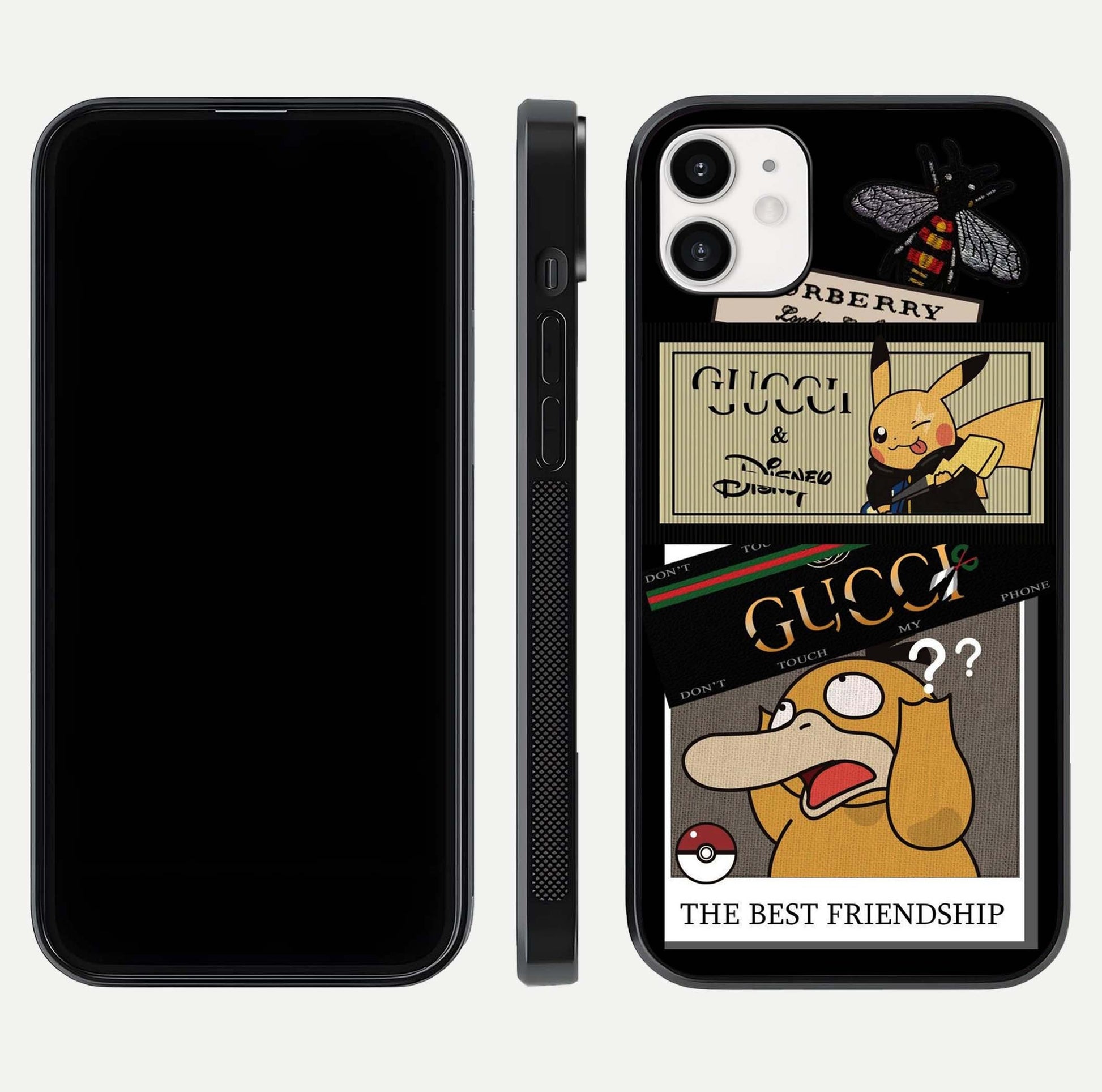 Cartoon Brand Play Mashup Glass Case for iphone-12 front and back view layout highlighting multi-logo artwork and curved edges