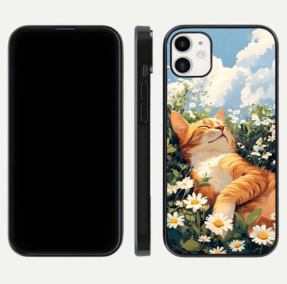 Cat & Flowers View Glass Case for iphone-12 front-and-back layout showing floral balance and gloss surface