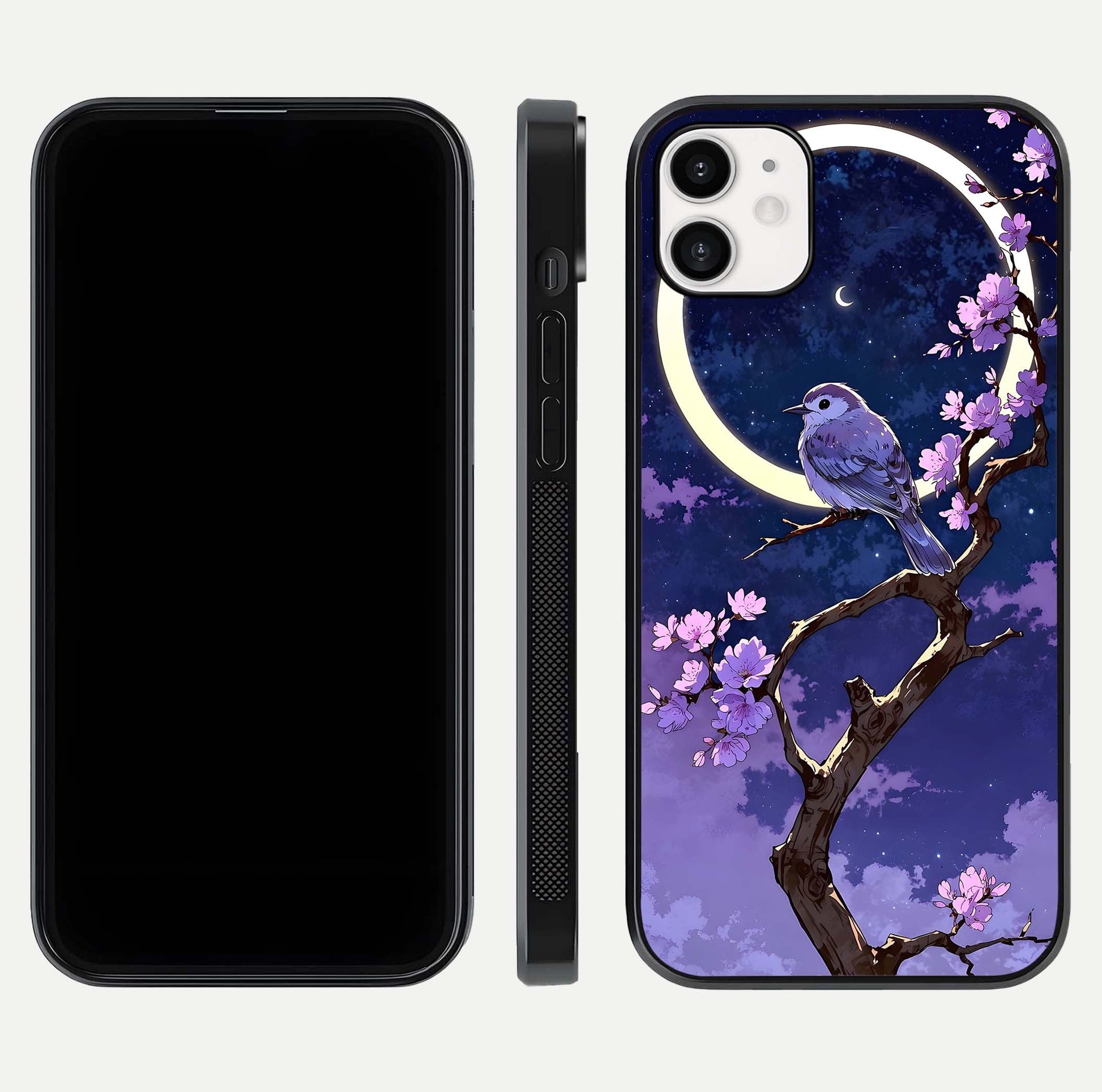 Celestial Bird Blossom Glass Case for iphone-12 dual-view layout showing art composition and edge clarity