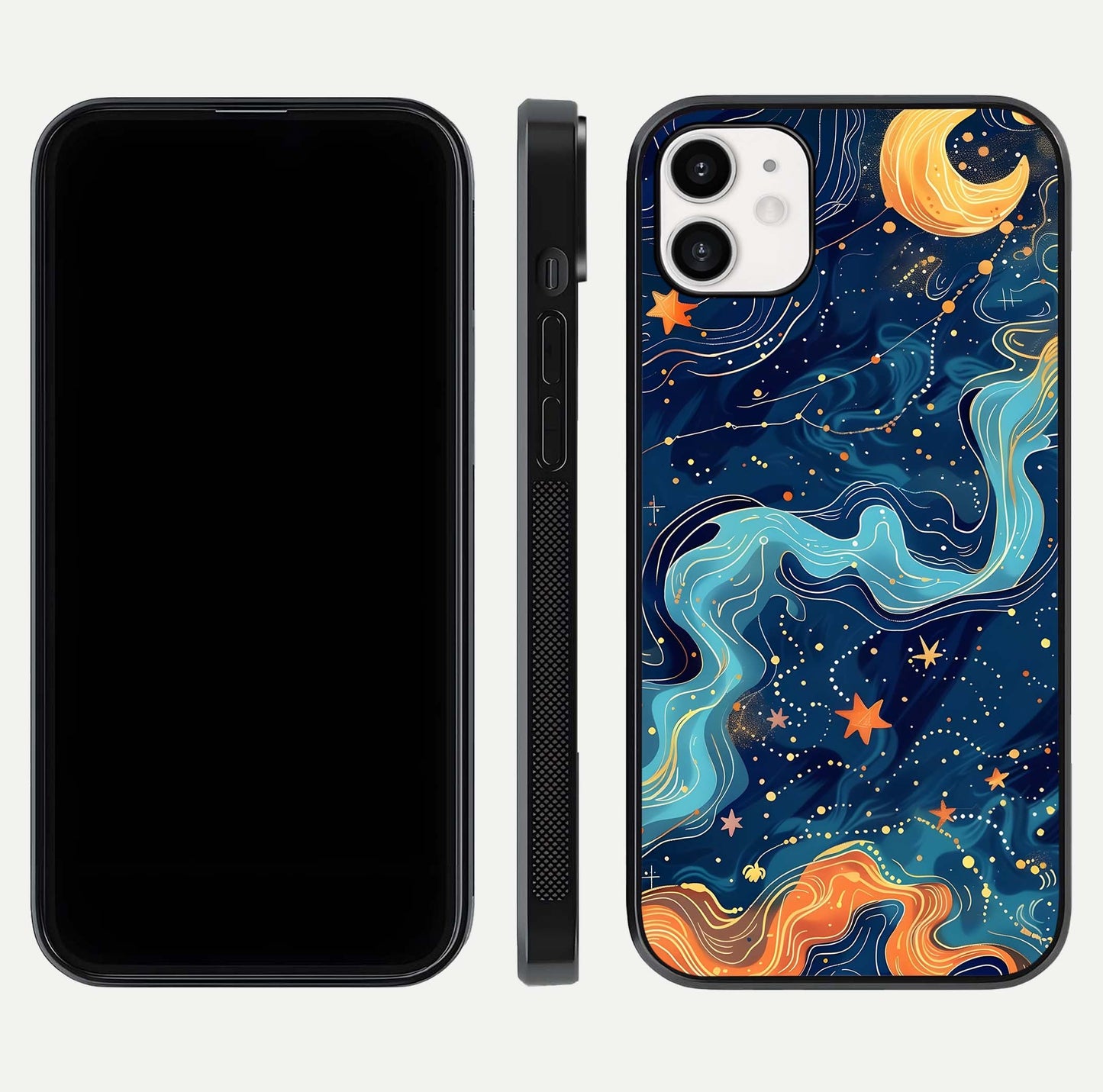 Celestial Dream Flow Glass Case for iphone-12 dual-view layout showing abstract flow and curved glass
