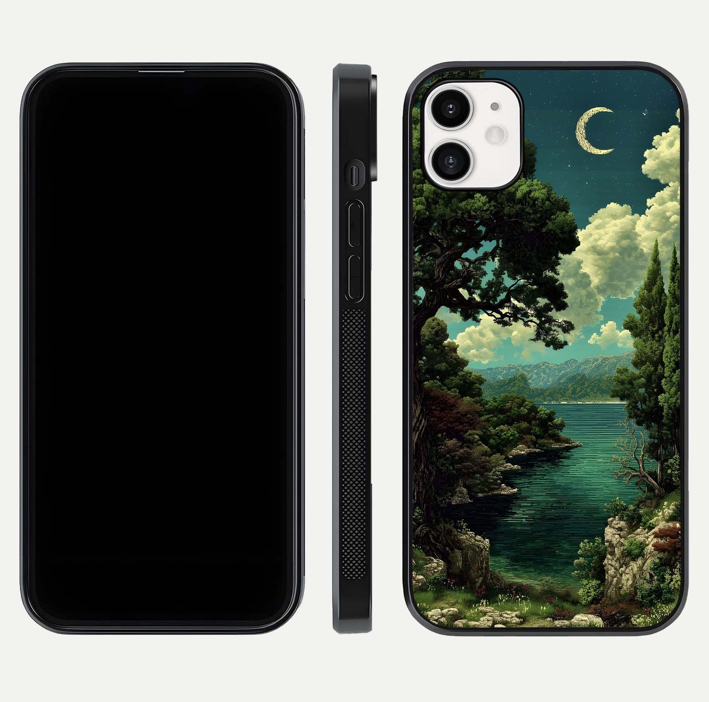 Celestial Lake Peace Glass Case for iphone-12 dual-view layout showing soft hues and HD shine