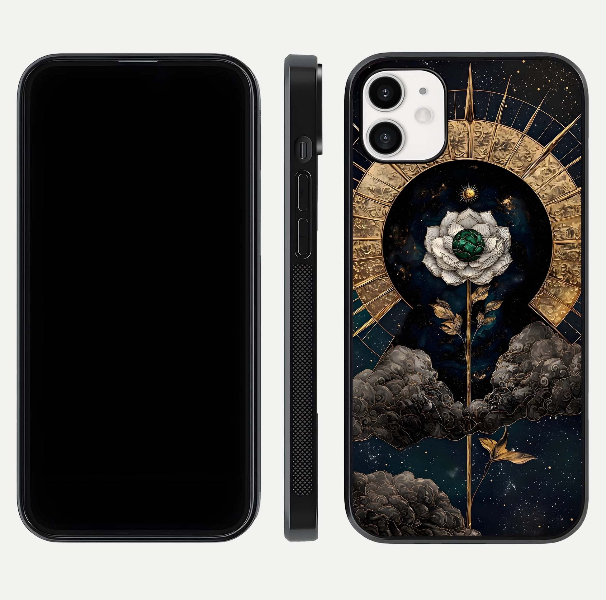 Celestial Lotus Morang Glass Case for iphone-12 dual-view layout displaying floral symmetry and polished edges