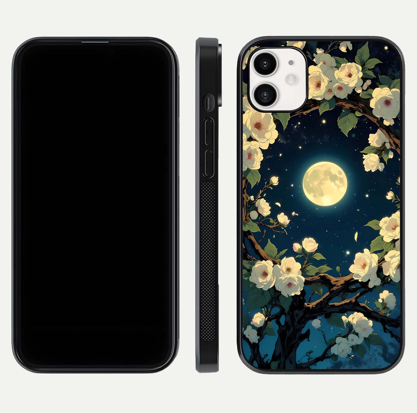 Celestial Moon & Flower Glass Case for iphone-12 dual-view layout showing balanced lunar art and gloss tone