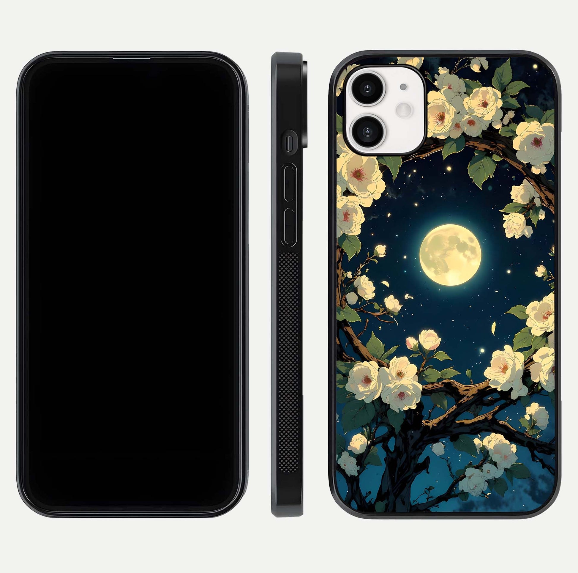 Celestial Moon & Flower Glass Case for iphone-12 dual-view layout showing balanced lunar art and gloss tone