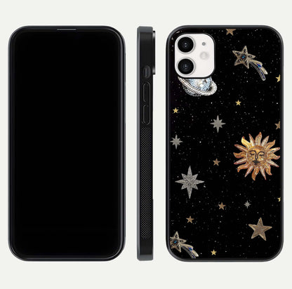 Celestial Moon With Stars Glass Case for iphone-12 front-and-back layout displaying lunar art and premium finish