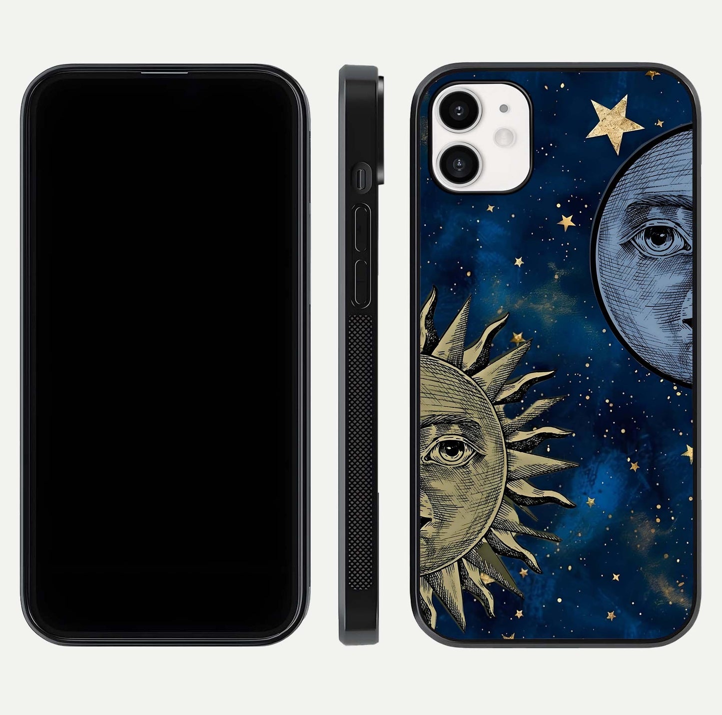 Celestial Moon With Sun Glass Case for iphone-12 dual-view layout showing luminous pattern and curved edges