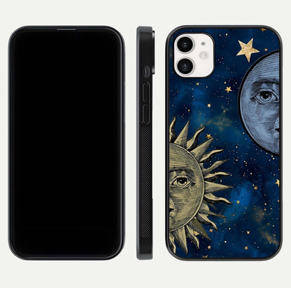 Celestial Moon With Sun Glass Case for iphone-12 dual-view layout showing luminous pattern and curved edges