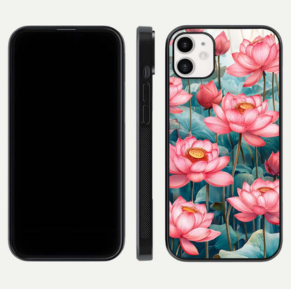 Celestial Pink Lotus Glass Case for iphone-12 dual-view layout showing floral center and smooth edges