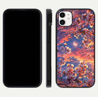 Celestial Sakura Sunset Glass Case for iphone-12 dual-view layout showing floral gradient and reflection polish
