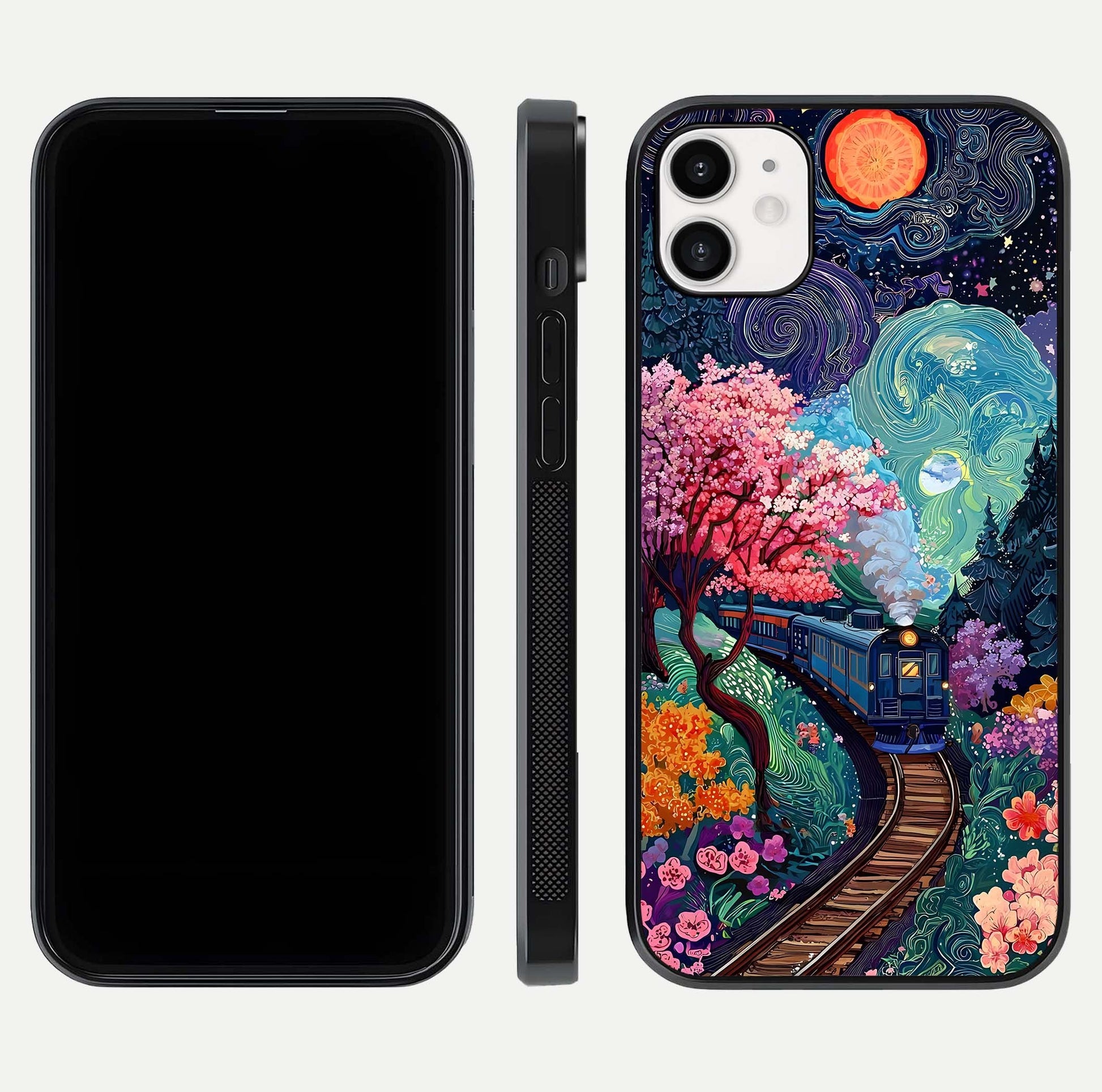 Celestial Train Journey Glass Case for iphone-12 dual-view layout showing cosmic art balance and curved glass edges