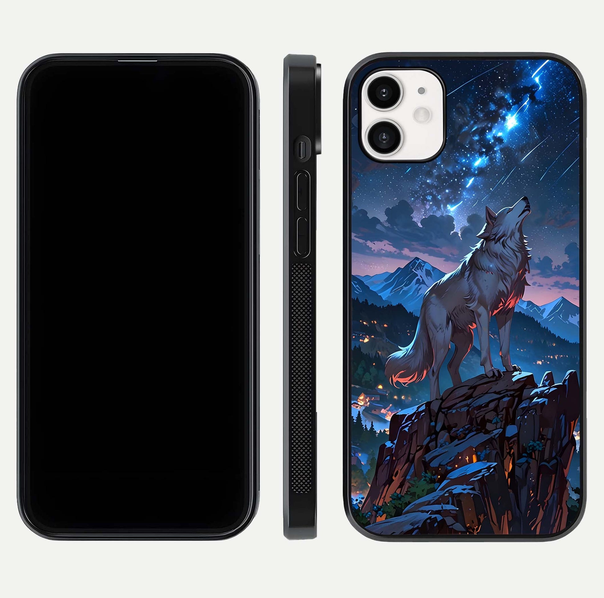Celestial Wolf Howl Glass Case for iphone-12 dual-view layout displaying night tones and protective glass edges