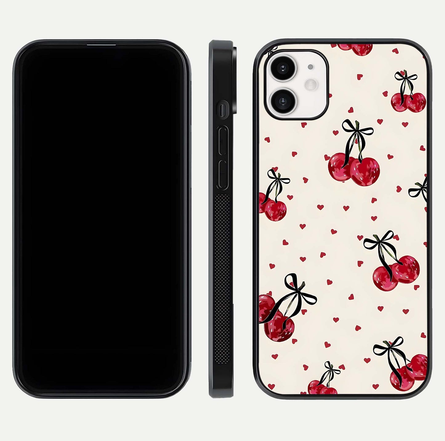 Cherry Heart Bow Glass Case for iphone-12 front-and-back view showing design clarity and edge protection