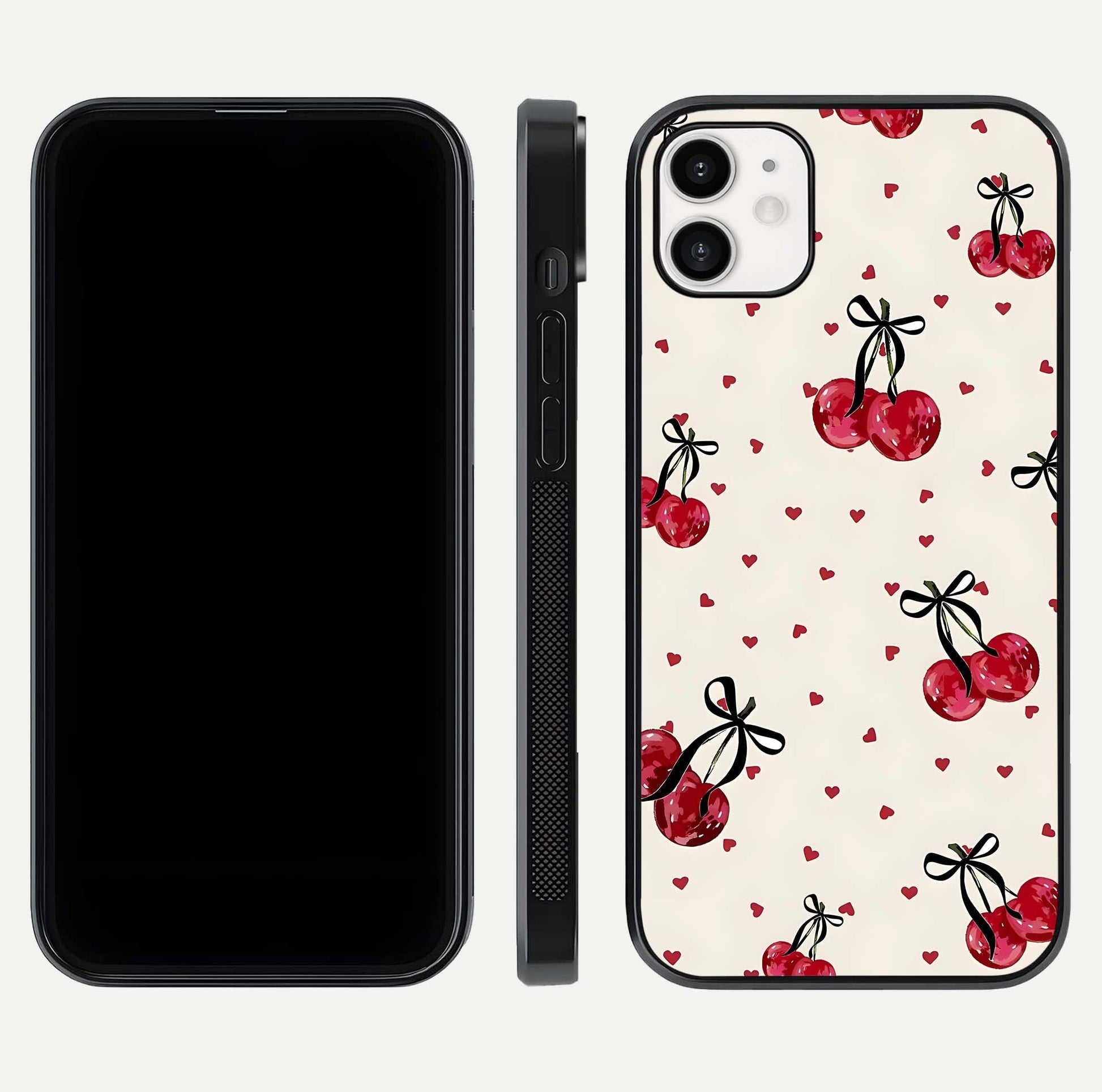 Cherry Heart Bow Glass Case for iphone-12 front-and-back view showing design clarity and edge protection