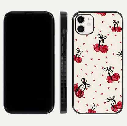 Cherry Heart Bow Glass Case for iphone-12 front-and-back view showing design clarity and edge protection