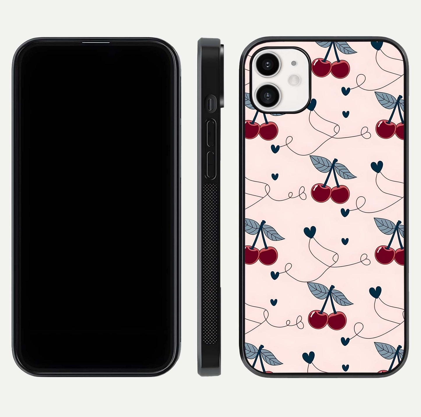 Cherry Heart Line Glass Case for iPhone 12 Mini dual-view layout displaying minimal cherry motif and edge design