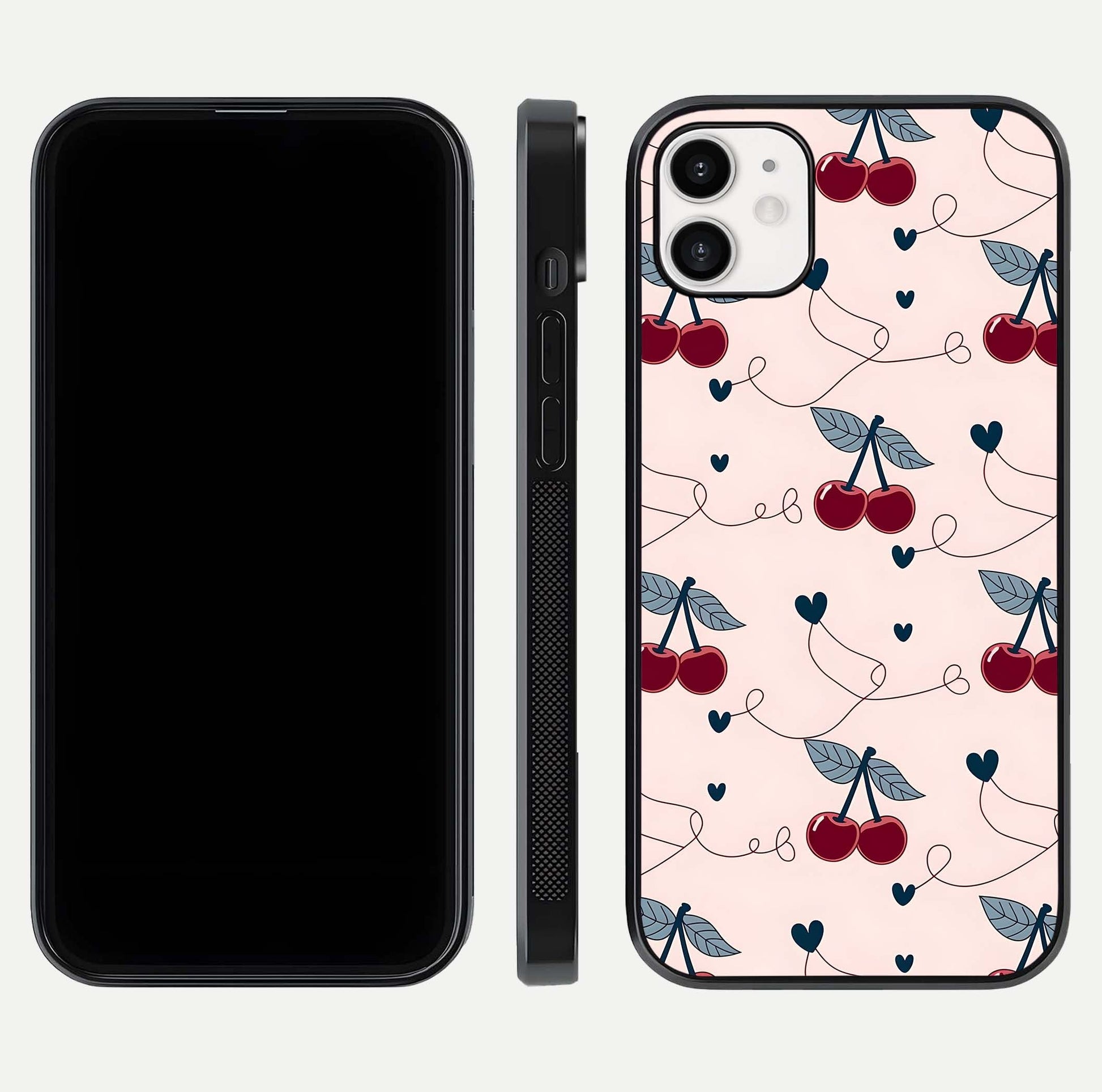 Cherry Heart Line Glass Case for iPhone 12 Mini dual-view layout displaying minimal cherry motif and edge design