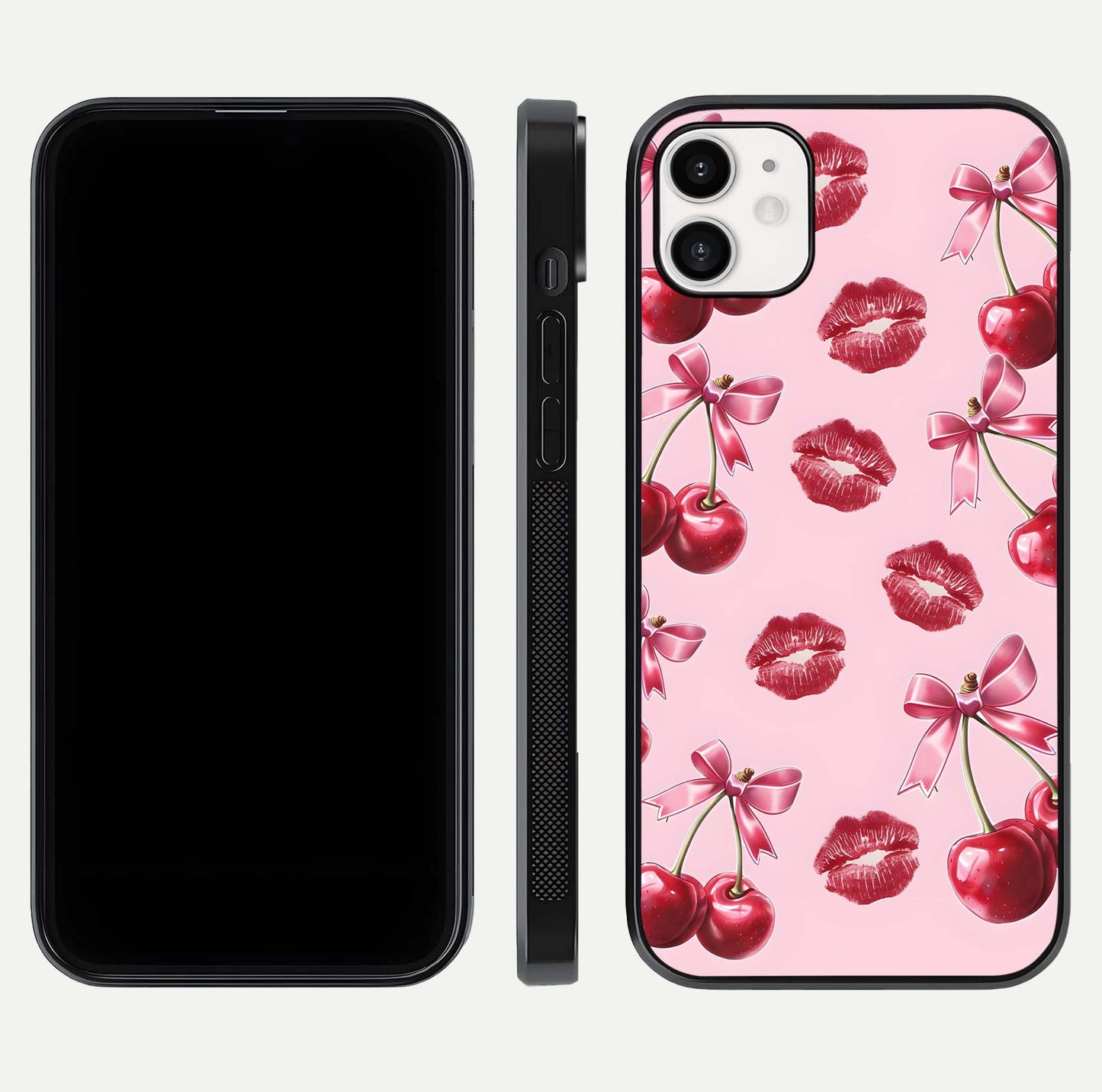 Cherry With Lips Glass Case for iphone-12 front-and-back layout displaying detailed design and glass finish