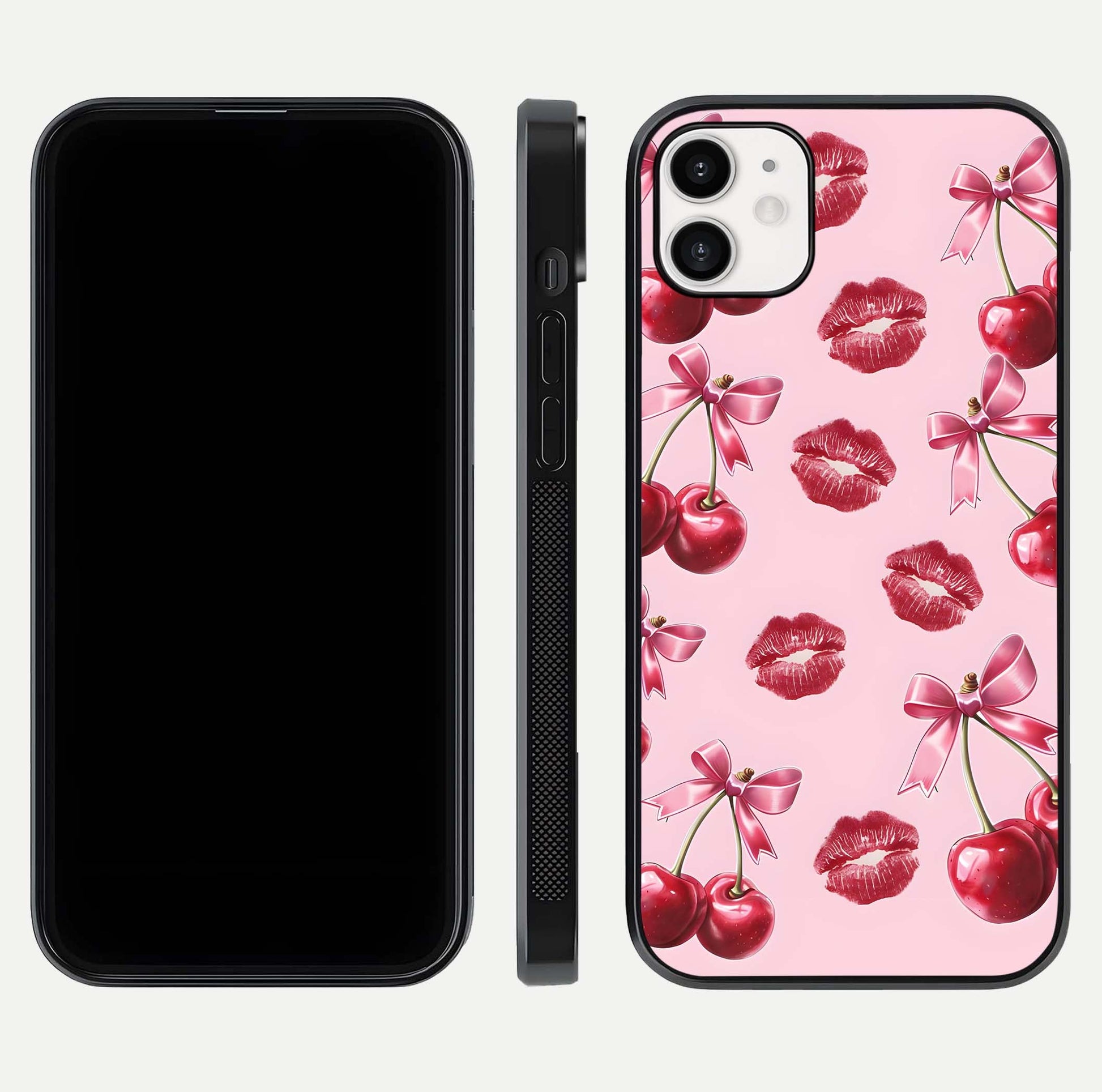 Cherry With Lips Glass Case for iphone-12 front-and-back layout displaying detailed design and glass finish