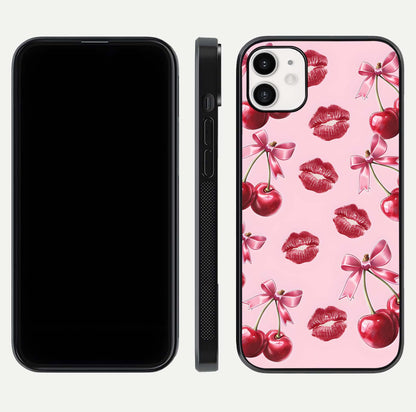 Cherry With Lips Glass Case for iphone-12 front-and-back layout displaying detailed design and glass finish