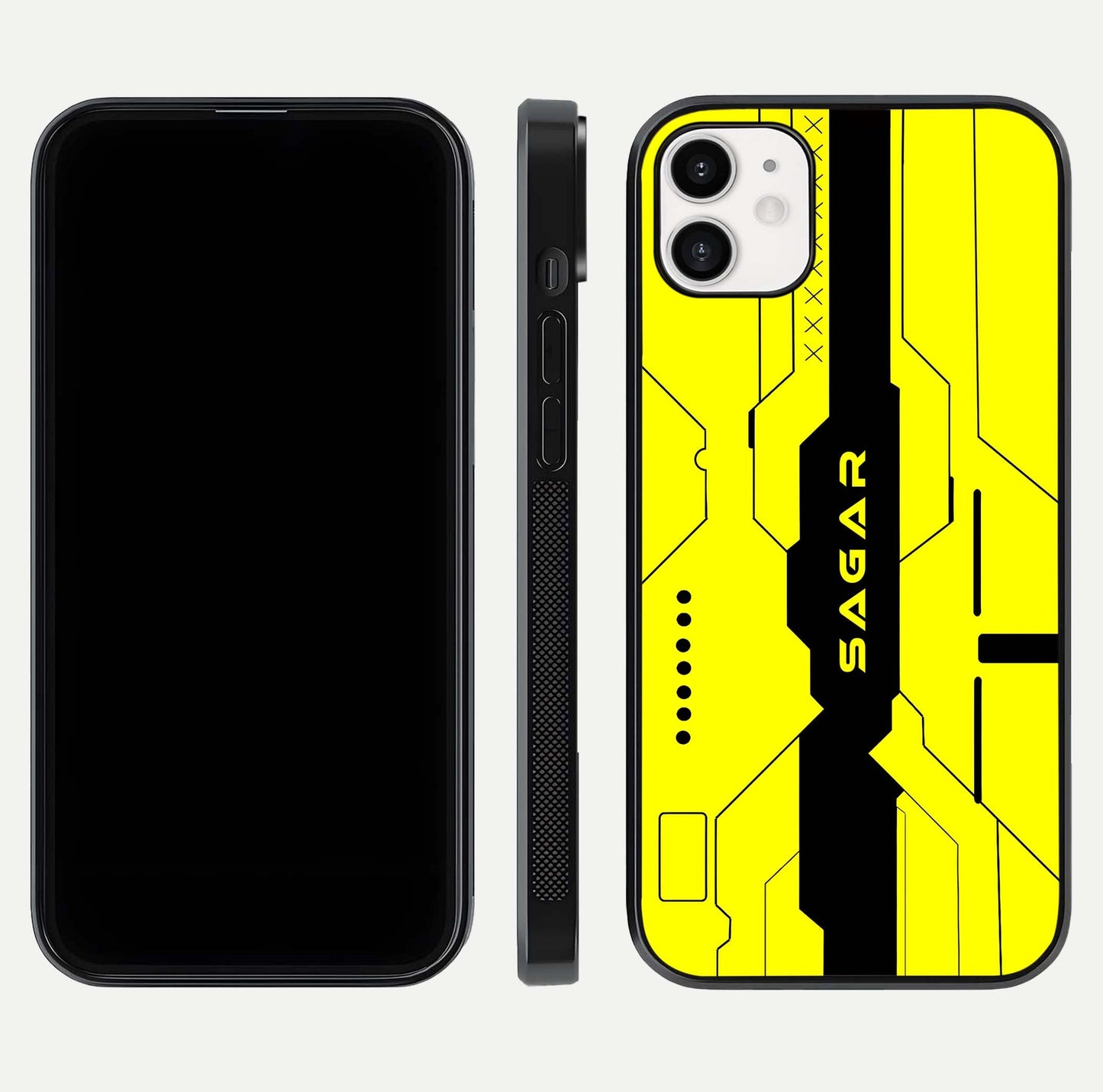 Circuit CYBERPUNK Custom Name Glass Case for iphone-12 dual-view layout showing bold tech art and edge clarity