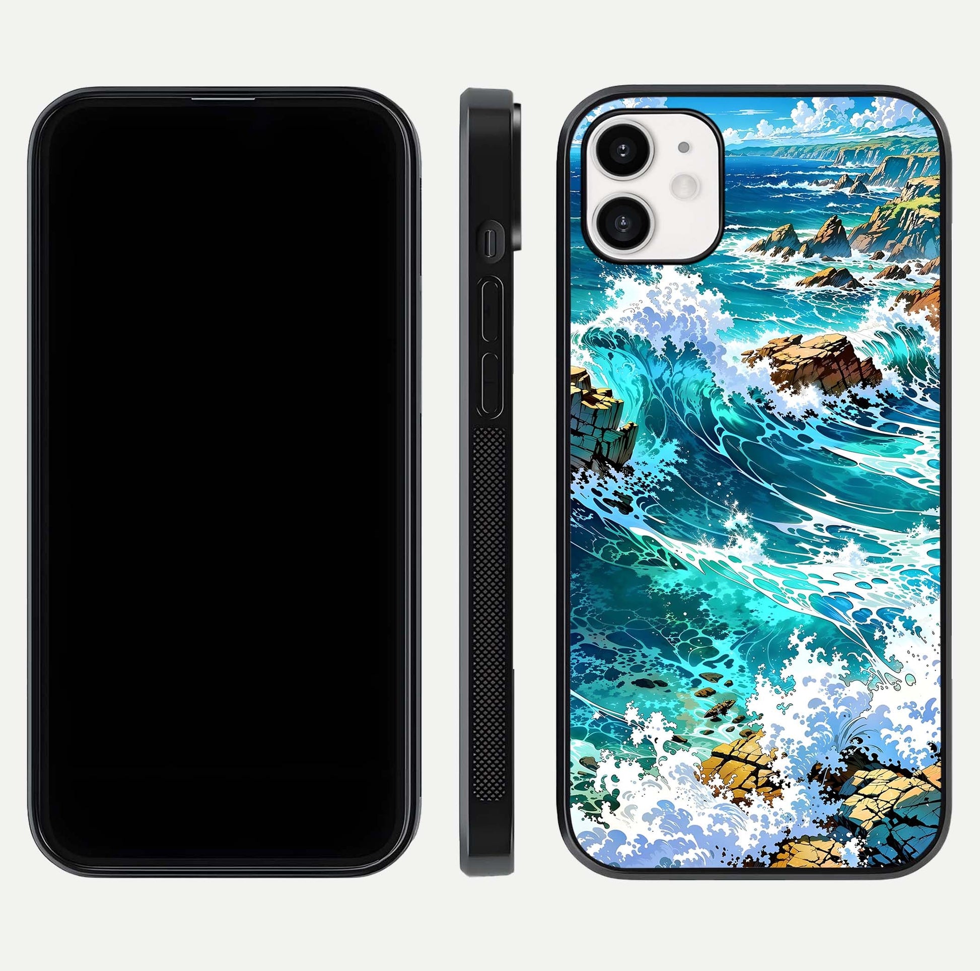 Coastal Blue Waves Glass Case for iphone-12 dual-view layout displaying sea tones and curved finish