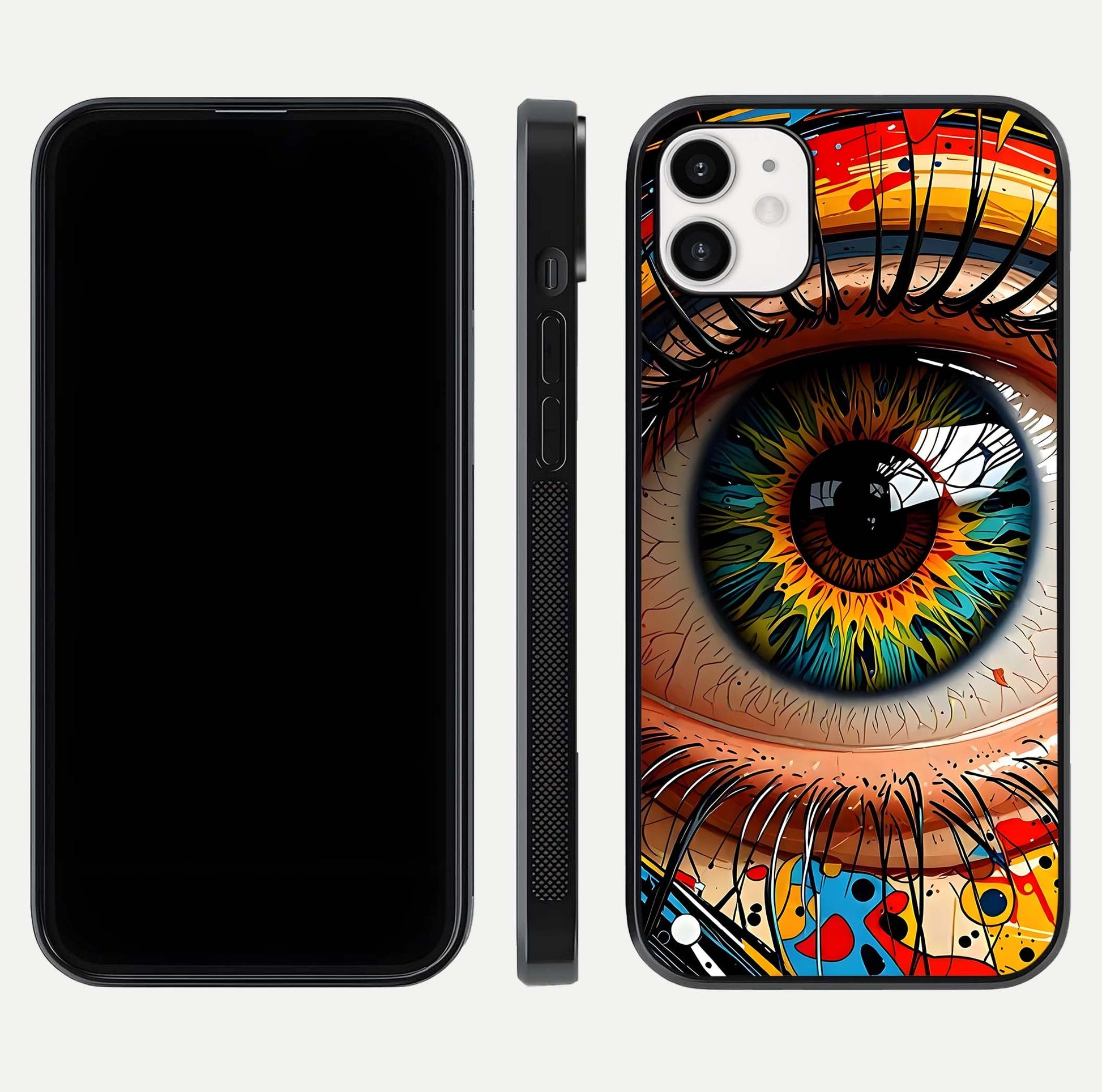 Colorful Eye Glass Case for iphone-12 dual-view layout displaying vivid tones and smooth glass edges